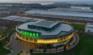 Aerial drone view of the VinFast India factory site highlighting large-scale facilities for electric vehicle production.