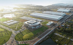 Close-up view of the upcoming VinFast India manufacturing plant showcasing modern EV production infrastructure.