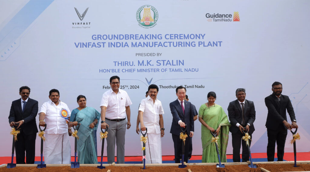 VinFast India plant inauguration ceremony with company officials and dignitaries highlighting the brand’s entry into the Indian EV market.